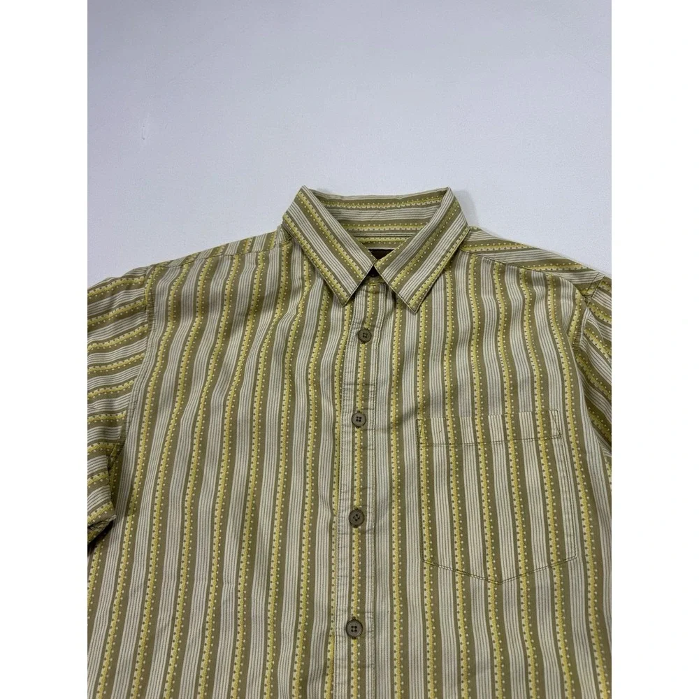prAna Shirt Men Large Beige Striped Long Sleeve Button Up Outdoor Western Casual